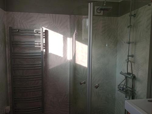 a shower with a glass door in a bathroom at Gammal stil in Fröseke