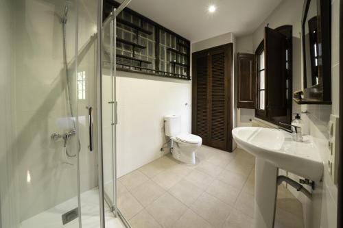 y baño con aseo, lavabo y ducha. en Can Mariné, en Sant Antoni de Vilamajor