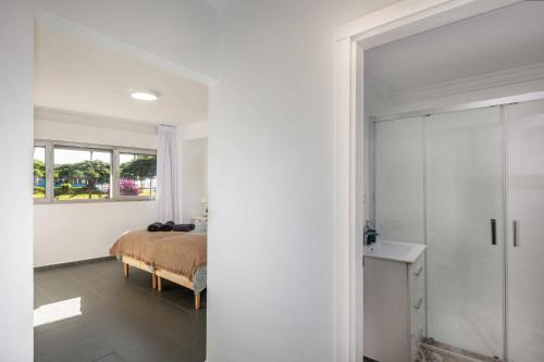 a white bedroom with a bed and a window at Apartamento Jardín 1 in Las Palmas de Gran Canaria