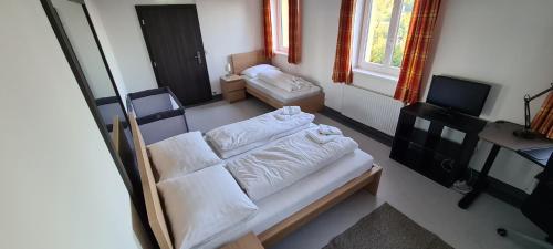 Habitación pequeña con cama y TV. en Kurhotel Renona Rehabilitation en Semmering