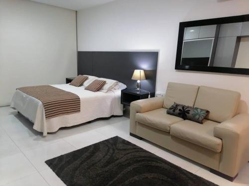 une chambre d'hôtel avec un lit et un canapé dans l'établissement Hermoso monoambiente disponible, à Santa Cruz de la Sierra