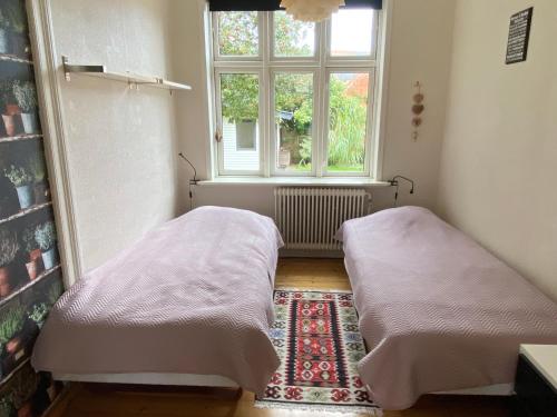 two beds in a room with a window at Oasen Ved Centrum in Frederikshavn