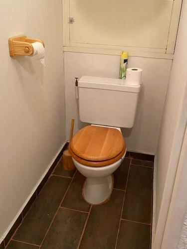 a toilet with a wooden seat in a bathroom at Appartement pra loup 1600 4pers in Uvernet-Fours