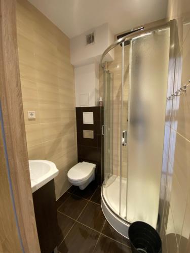 a bathroom with a shower and a toilet and a sink at Apartament WHITE in Kielce