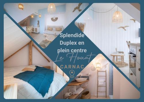a room with a bedroom with a bed and a staircase at Appart'Hôtel & Spa "Les Voiles" Le Houat in Carnac