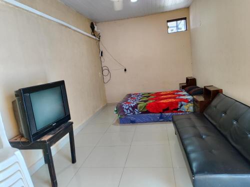 a living room with a couch and a tv at ALOJAMIENTO ASPEN HOME in San Lorenzo de la Frontera