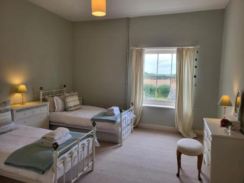 a bedroom with two beds and a window at Highfield Farm in Fakenham
