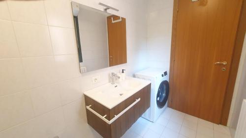 La salle de bains est pourvue d'un lavabo et d'un lave-linge. dans l'établissement RomagnaBNB Nereo, à Forlì