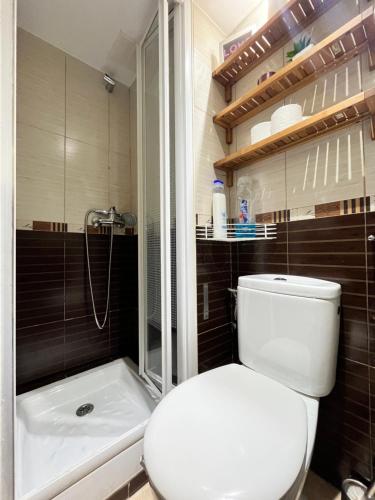 een badkamer met een wit toilet en een douche bij Estudio Augusto Acogedor 2 in Madrid
