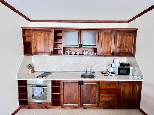 uma cozinha com armários de madeira, um lavatório e um micro-ondas em Private Spa Luxury apartments em Bansko