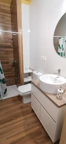 a white bathroom with a sink and a toilet at Huerta Solana in Castril
