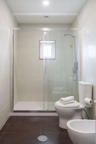 a bathroom with a shower and a toilet and a sink at Casa Petisqueira 88-Paredes-Oporto in Rebordosa