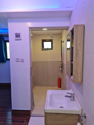 a bathroom with a sink and a shower at Ol Muteita Lodge in Nakuru