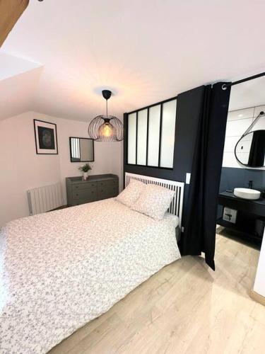 a bedroom with a black and white bed and a sink at /Sacré studio/Parking privé/Wifi in Rodez