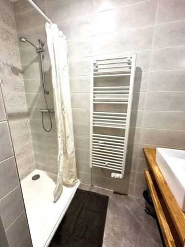 La salle de bains est pourvue d'une douche et d'un lavabo. dans l'établissement La barrière/hyper centre/calme, à Rodez
