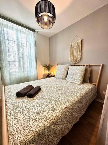 1 dormitorio con 1 cama con 2 almohadas en La barrière/hyper centre/calme en Rodez
