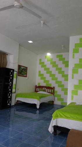 Duas camas num quarto com paredes verdes e brancas em Departamento en la 43 em Oxkutzcab