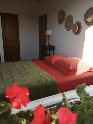 a bedroom with two beds with red pillows and a plant at Chambre d'hôtes Les moutons bleus in Le Tronquay