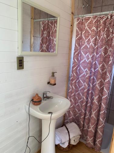 a bathroom with a sink and a shower curtain at Hostal El Boldal in La Estrella
