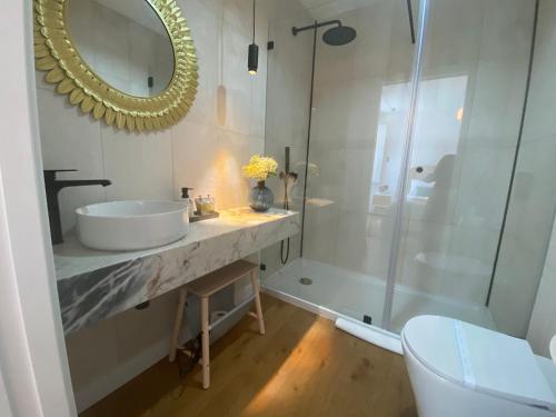 uma casa de banho com um lavatório, um chuveiro e um espelho. em Grândola Suites - Suite Henrique em Grândola