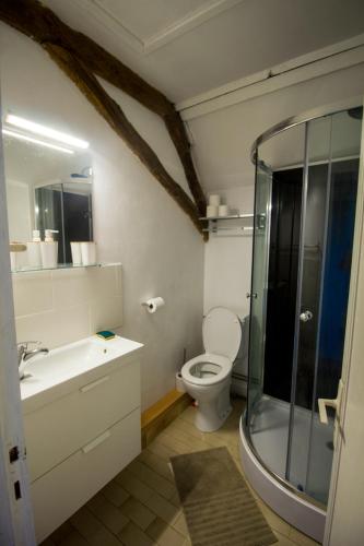 une salle de bain avec toilettes, lavabo et douche dans l'établissement Maison de campagne avec panorama exceptionnel, à Lacave