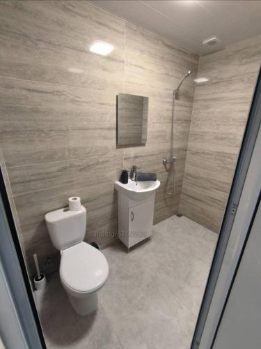 ein Bad mit einem WC, einem Waschbecken und einer Dusche in der Unterkunft Студио Ава 2 in Sliven