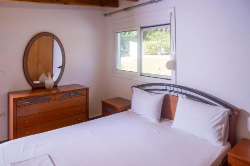 a bedroom with a bed with a mirror and a dresser at Dimitra's Country House in Forest and Sea (2) in Metamorfosi