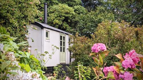 a small white shed in a garden with flowers at The Applehay in Constantine