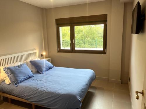ein Schlafzimmer mit einem Bett mit blauen Kissen und einem Fenster in der Unterkunft La casita del bosque in Lugo