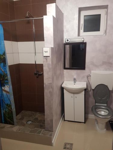a bathroom with a toilet and a sink and a shower at Motel in Diosig