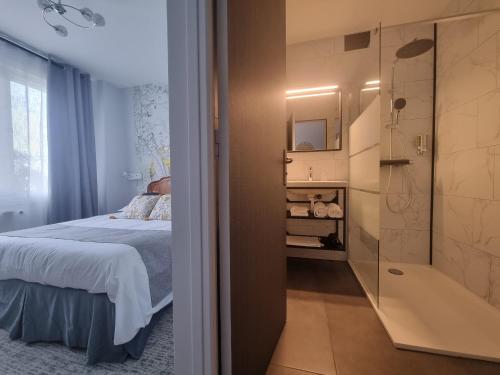 ein Schlafzimmer mit einem Bett und ein Badezimmer mit einer Dusche in der Unterkunft Hôtel Le Prieuré in Rancourt