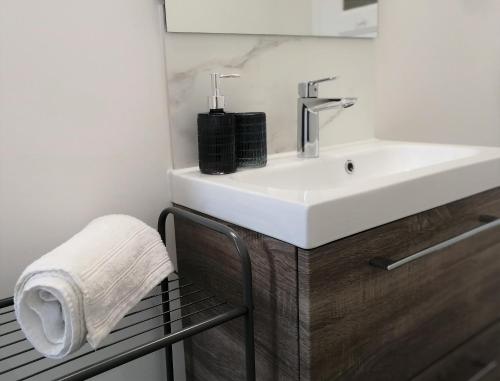ein Bad mit einem weißen Waschbecken und einem Handtuch in der Unterkunft Cosy room - centre ville - 2 pers in Sarreguemines