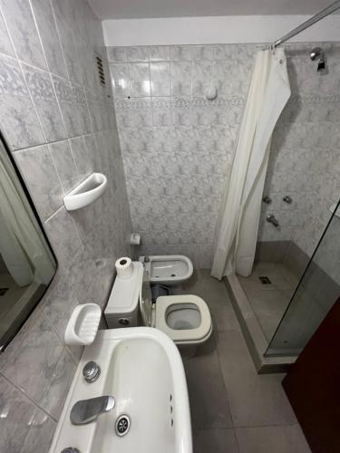 a bathroom with a toilet and a sink and a shower at Departamento frente a la CASA HISTÓRICA DE TUCUMAN in San Miguel de Tucumán