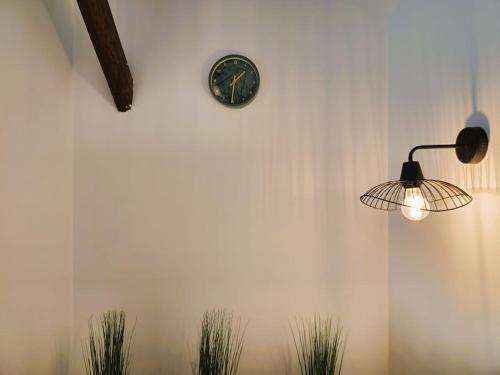 a clock on a wall with a lamp and plants at La Noé d'Or by Madame Conciergerie in Bruz