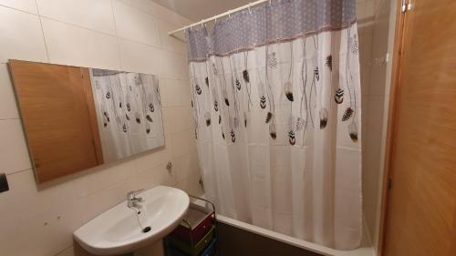 baño con lavabo y cortina de ducha en La Yecla Teruel, en Teruel