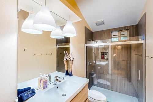 a bathroom with a sink and a shower at The Island Treehouse in Eastsound