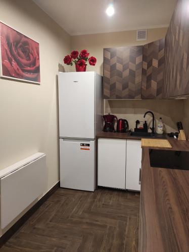a kitchen with white cabinets and a refrigerator at apartament centrum RP in Katowice