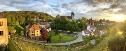 una pequeña ciudad con edificios y árboles y la puesta de sol en Bregenz Uptown Jewel en Bregenz