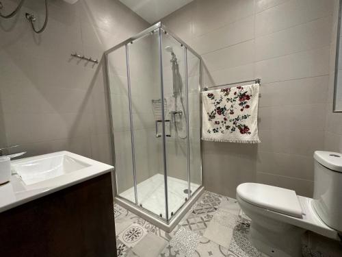 uma casa de banho com um chuveiro, um WC e um lavatório. em Del Mar Apartment! em Żebbuġ