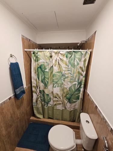 a bathroom with a shower curtain with a toilet at Casa 24 Puerto Iguazu in Puerto Iguazú