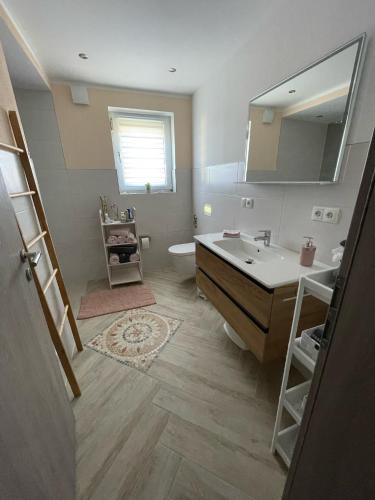 a bathroom with a sink and a toilet and a mirror at Haus Lotusblüte in Kelberg