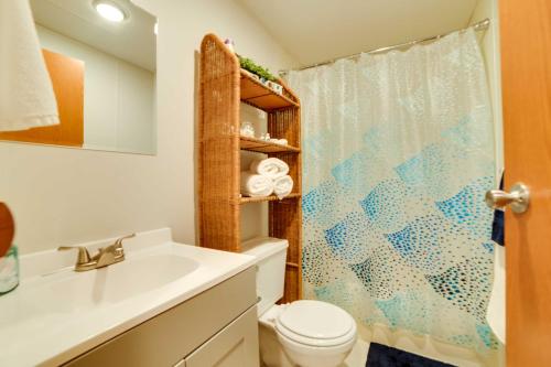 ein Bad mit einem Waschbecken, einem WC und einer Dusche in der Unterkunft Kentucky Lakeside Home with Deck - 20 Mi to LBL! in New Concord