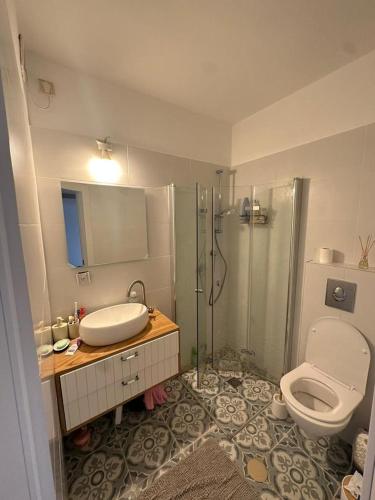 y baño con aseo, lavabo y ducha. en all you need and more, en Tel Aviv