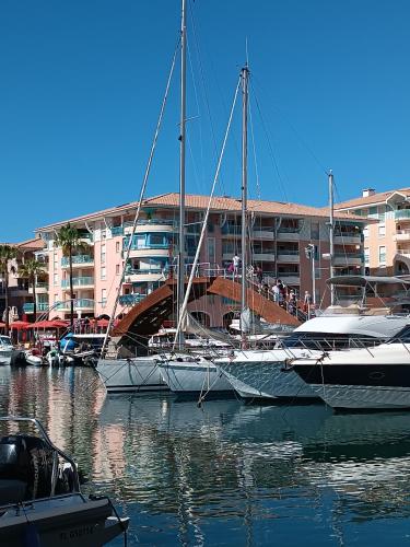 deux bateaux amarrés dans l'eau d'un port de plaisance dans l'établissement A 2 pas de la plage et de la base nature, à Fréjus
