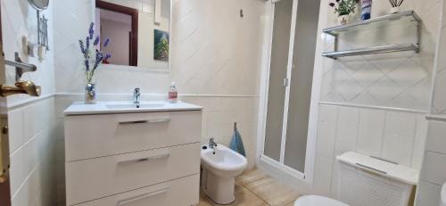 een witte badkamer met een wastafel en een toilet bij Apartamento La Marisma in Puerto de Mogán