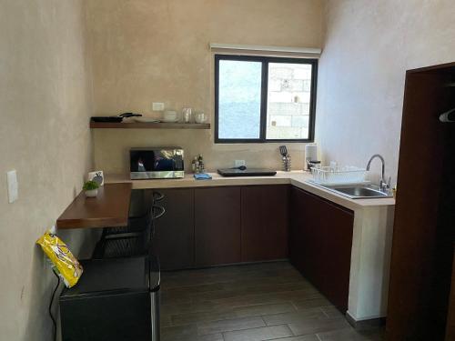 Elle comprend une petite cuisine avec un évier et une fenêtre. dans l'établissement Hotelito YUM KAAX, à Mérida