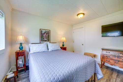 sypialnia z białym łóżkiem, 2 lampami i telewizorem w obiekcie Private Plainfield Retreat with Gas Grill and Patio w mieście Plainfield