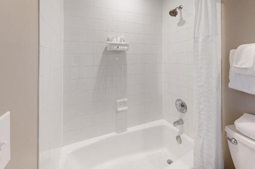 a white bathroom with a shower and a toilet at Reef House in Duck Key