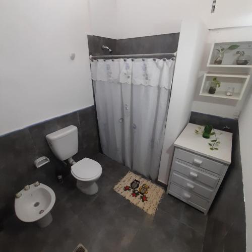uma casa de banho com um WC, um lavatório e um chuveiro em OMA- Casa Temporaria em Capilla del Monte