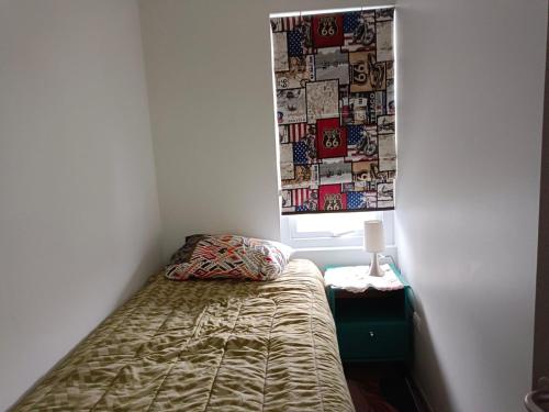a small bedroom with a bed and a window at Hermoso departamento nuevo en Pucon equipado con 3 dormitorios wifi y estacionamiento privado a 5 minutos del centro y lago in Pucón